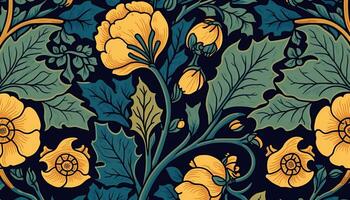 generativo ai, floral amarillo, azul, verde colores modelo. Guillermo morris inspirado natural plantas y flores fondo, Clásico ilustración. follaje ornamento. foto