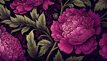 generativo ai, floral modelo. Guillermo morris inspirado natural plantas y Viva magenta peonía flores fondo, Clásico ilustración. follaje ornamento. foto