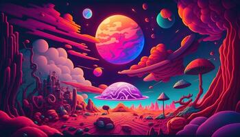 , Psychedelic Space banner template, nostalgic 80s, 90s background. Horizontal illustration of the future landscape with mountains, planets, trees, moon. Surrealist escapism concept. photo