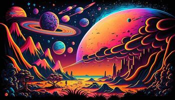 , Psychedelic Space banner template, nostalgic 80s, 90s background. Horizontal illustration of the future landscape with mountains, planets, trees, moon. Surrealist escapism concept. photo