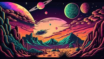 , Psychedelic Space banner template, nostalgic 80s, 90s background. Horizontal illustration of the future landscape with mountains, planets, trees, moon. Surrealist escapism concept. photo