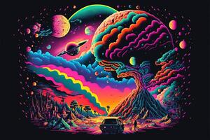 , Psychedelic Space banner template, nostalgic 80s, 90s background. Horizontal illustration of the future landscape with mountains, planets, trees, moon. Surrealist escapism concept. photo