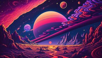 , Psychedelic Space banner template, nostalgic 80s, 90s background. Horizontal illustration of the future landscape with mountains, planets, trees, moon. Surrealist escapism concept. photo