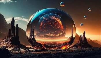 , Alien planet, crystal ball with landscape, mountaints, stars and plants. photo