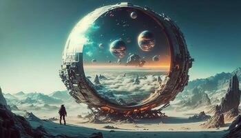 , Alien planet, crystal ball with landscape, mountaints, stars and plants. photo