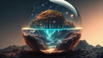 , Alien planet, crystal ball with landscape, mountaints, stars and plants. photo