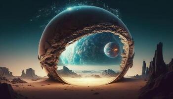 , Alien planet, crystal ball with landscape, mountaints, stars and plants. photo