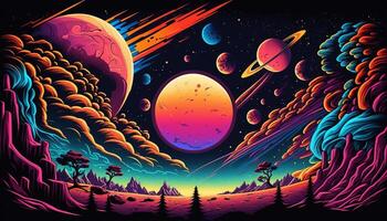 , Psychedelic Space banner template, nostalgic 80s, 90s background. Horizontal illustration of the future landscape with mountains, planets, trees, moon. Surrealist escapism concept. photo