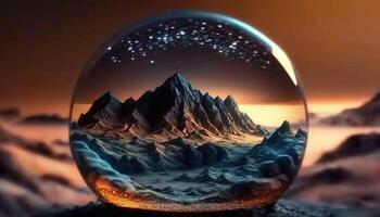 , Alien planet, crystal ball with landscape, mountaints, stars and plants. photo