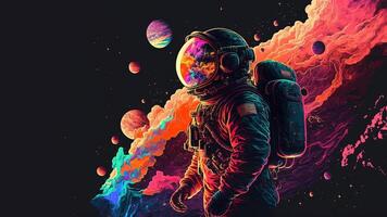 , Psychedelic Space banner template, nostalgic 80s, 90s background. Horizontal illustration of the future with planets, clouds, moon, astronaut. Surrealist escapism concept. photo