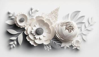 , Paper cut craft flowers and leaves, white color, floral origami textured background, spring mood. Photorealistic effect. photo