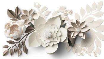 , Paper cut craft flowers and leaves, white color, floral origami textured background, spring mood. Photorealistic effect. photo
