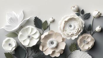 generativo ai, papel cortar arte flores y hojas, blanco color, floral origami texturizado fondo, primavera humor. fotorrealista efecto. foto