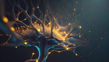 , Conceptual illustration of neuron cells with glowing link knots in abstract dark space, high resolution. Human nervous system photo