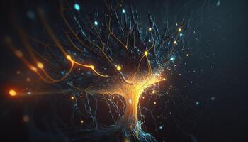 , Conceptual illustration of neuron cells with glowing link knots in abstract dark space, high resolution. Human nervous system, neural network photo