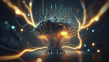 , Conceptual illustration of neuron cells with glowing link knots in abstract dark space, high resolution. Human nervous system photo