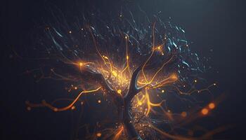 , Conceptual illustration of neuron cells with glowing link knots in abstract dark space, high resolution. Human nervous system photo