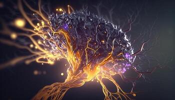 , Conceptual illustration of neuron cells with glowing link knots in abstract dark space, high resolution. Human nervous system photo