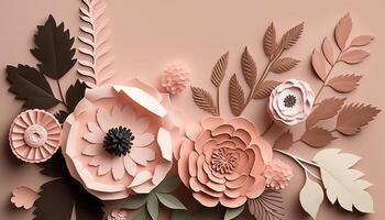 , Paper cut craft flowers and leaves, pastel beige and apricot colors, floral origami textured background, spring mood. Photorealistic effect. photo