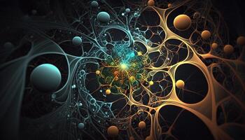 , Conceptual illustration of neuron cells with glowing link knots in abstract dark space, high resolution. Human nervous system, neural network photo