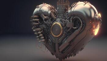 , Robot heart in cyberpunk style, futuristic illustration. Love, feelings, romantic St. Valentine's Day concept. Sci-fi replacement organ, realistic 3d effect. photo