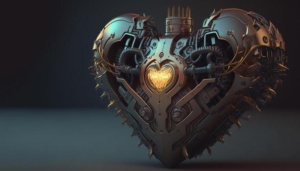, Robot heart in cyberpunk style, futuristic illustration. Love, feelings, romantic St. Valentine's Day concept. Sci-fi replacement organ, realistic 3d effect. photo