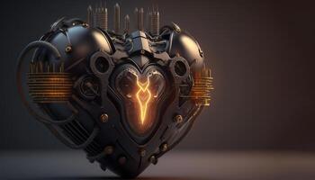 , Robot heart in cyberpunk style, futuristic illustration. Love, feelings, romantic St. Valentine's Day concept. Sci-fi replacement organ, realistic 3d effect. photo