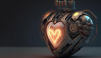 , Robot heart in cyberpunk style, futuristic illustration. Love, feelings, romantic St. Valentine's Day concept. Sci-fi replacement organ, realistic 3d effect. photo