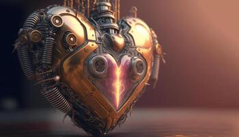 , Robot heart in cyberpunk style, futuristic illustration. Love, feelings, romantic St. Valentine's Day concept. Sci-fi replacement organ, realistic 3d effect. photo