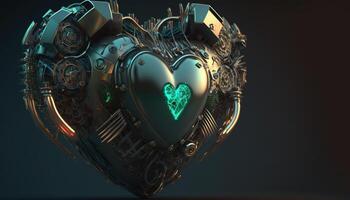 , Robot heart in cyberpunk style, futuristic illustration. Love, feelings, romantic St. Valentine's Day concept. Sci-fi replacement organ, realistic 3d effect. photo