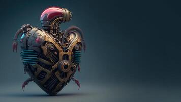 generativo ai, robot corazón en cyberpunk estilo, futurista ilustración. amar, sentimientos, romántico S t. San Valentín día concepto. ciencia ficción reemplazo Organo, realista 3d efecto, horizontal bandera foto