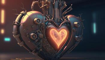 , Robot heart in cyberpunk style, futuristic illustration. Love, feelings, romantic St. Valentine's Day concept. Sci-fi replacement organ, realistic 3d effect. photo