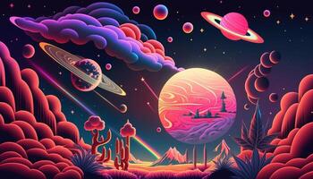 , Psychedelic Space banner template, nostalgic 80s, 90s background. Horizontal illustration of the future landscape with mountains, planets, trees, moon. Surrealist escapism concept. photo