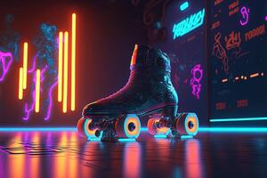 , Roller skate in cyberpunk style, disco nostalgic 80s, 90s. Neon night lights vibrant colors, photorealistic horizontal illustration of the futuristic city. Sport activity concept. photo