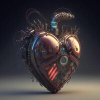 , Robot heart in cyberpunk style, futuristic illustration. Love, feelings, romantic St. Valentine's Day concept. Sci-fi replacement organ, realistic 3d effect. photo