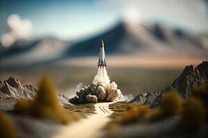 , Rocket launch from the ground, mountains. Illustration concept of business product on a market, startup, photorealistic tilt shift horizontal banner. photo