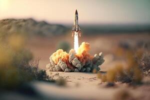 , Rocket launch from the ground, mountains. Illustration concept of business product on a market, startup, photorealistic tilt shift horizontal banner. photo