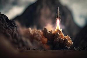 , Rocket launch from the ground, mountains. Illustration concept of business product on a market, startup, photorealistic tilt shift horizontal banner. photo