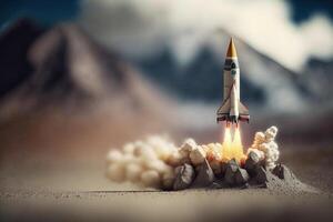 , Rocket launch from the ground, mountains. Illustration concept of business product on a market, startup, photorealistic tilt shift horizontal banner. photo