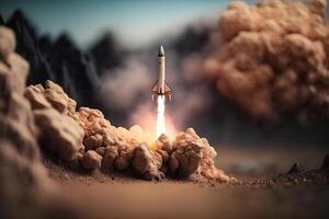 , Rocket launch from the ground, mountains. Illustration concept of business product on a market, startup, photorealistic tilt shift horizontal banner. photo