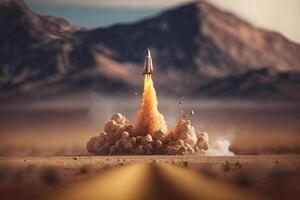 , Rocket launch from the ground, mountains. Illustration concept of business product on a market, startup, photorealistic tilt shift horizontal banner. photo