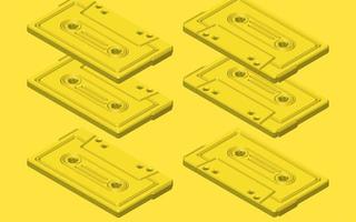 Yellow music cassette tape isometric. flatlay vintage analog song tape record. mix tape retro. Audio cassette tape isolated. Old music retro player. 80s, 90s blank mix. photo