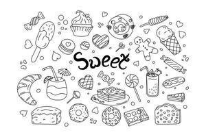 conjunto dulces garabatear. negro y blanco línea vector ilustración. comida dulces, postre, chocolate, pasteles