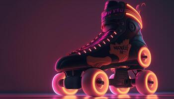 , Roller skate in cyberpunk style, disco nostalgic 80s, 90s. Neon night lights vibrant colors, photorealistic horizontal illustration of the futuristic city. Sport activity concept. photo