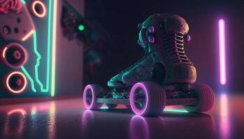 , Roller skate in cyberpunk style, disco nostalgic 80s, 90s. Neon night lights vibrant colors, photorealistic horizontal illustration of the futuristic city. Sport activity concept. photo