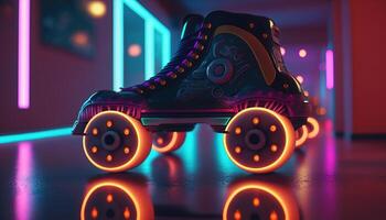 , Roller skate in cyberpunk style, disco nostalgic 80s, 90s. Neon night lights vibrant colors, photorealistic horizontal illustration of the futuristic city. Sport activity concept. photo