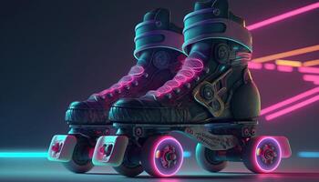 generativo ai, rodillo patinar en cyberpunk estilo, disco nostálgico años 80, años 90 neón noche luces vibrante colores, fotorrealista horizontal ilustración de el futurista ciudad. deporte actividad concepto. foto