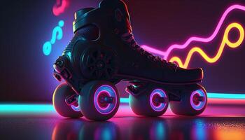 , Roller skate in cyberpunk style, disco nostalgic 80s, 90s. Neon night lights vibrant colors, photorealistic horizontal illustration of the futuristic city. Sport activity concept. photo