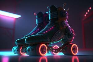 , Roller skate in cyberpunk style, disco nostalgic 80s, 90s. Neon night lights vibrant colors, photorealistic horizontal illustration of the futuristic city. Sport activity concept. photo