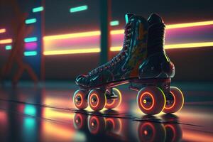 , Roller skate in cyberpunk style, disco nostalgic 80s, 90s. Neon night lights vibrant colors, photorealistic horizontal illustration of the futuristic city. Sport activity concept. photo